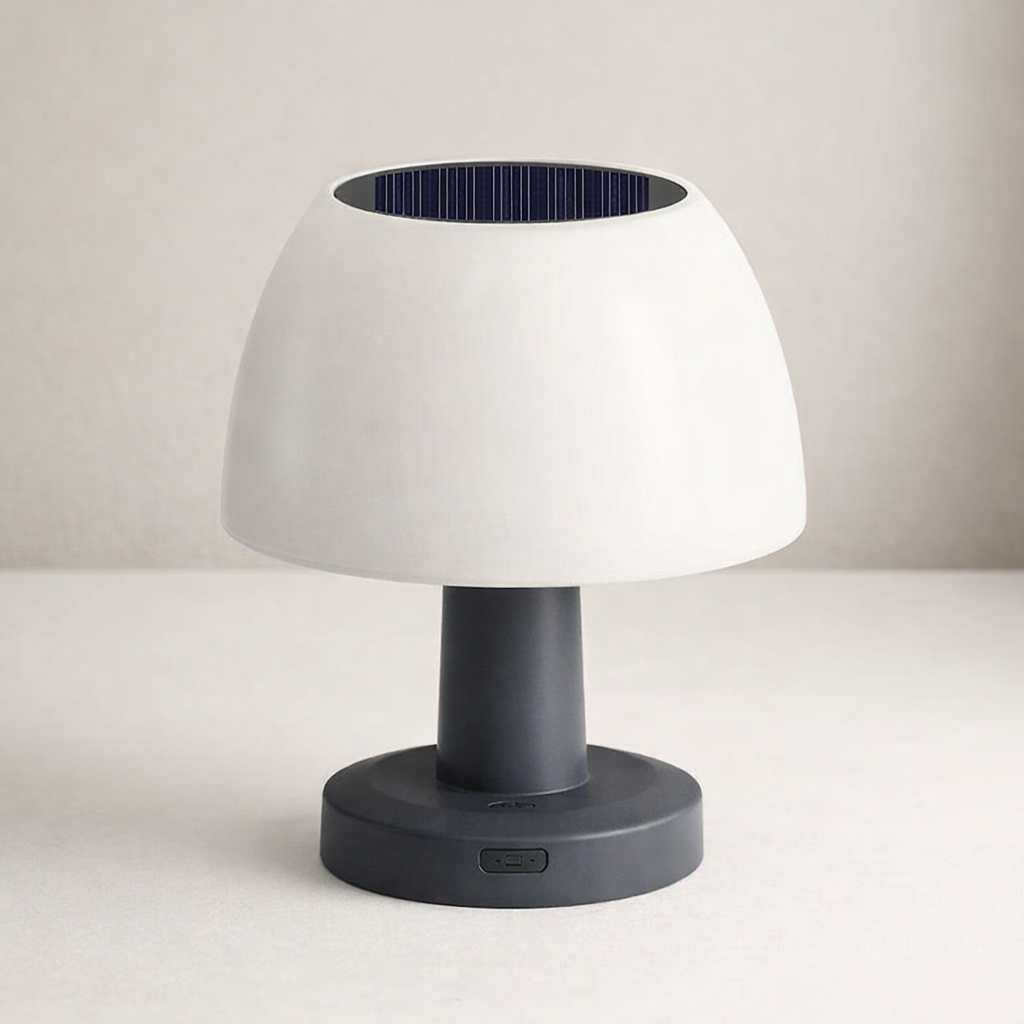 Table lamp with solar panel on a white background