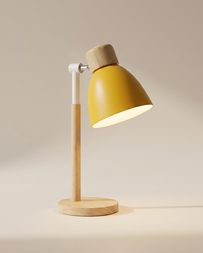 Yellow table lamp with wooden base on a beige background