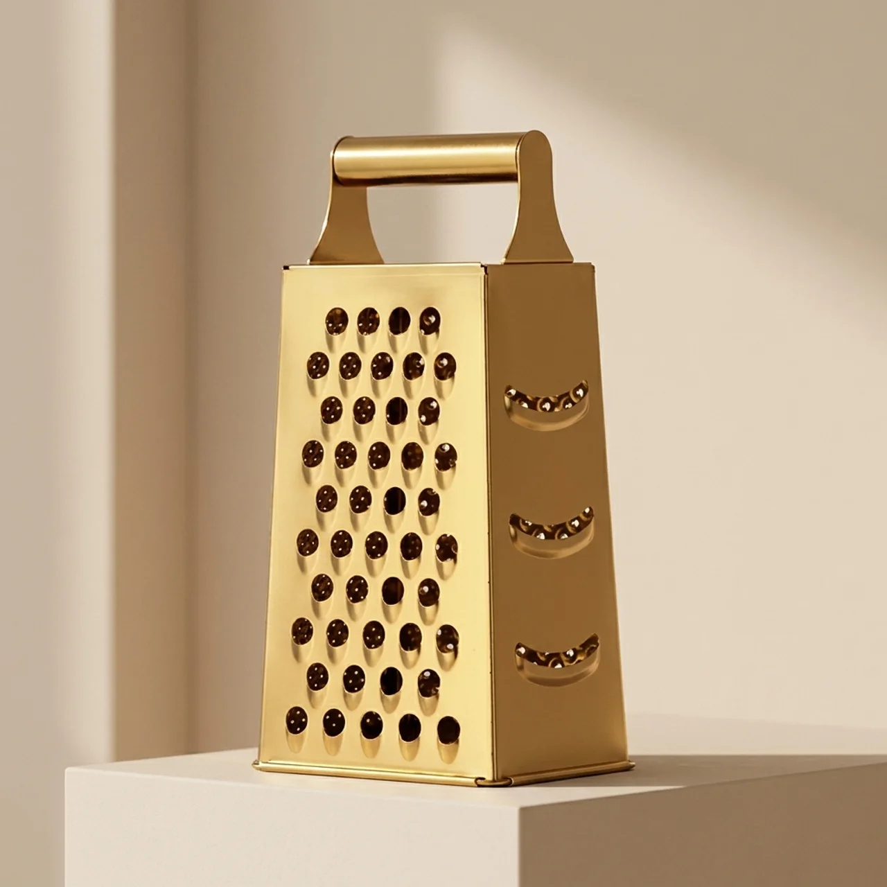 Gold box grater on a beige background